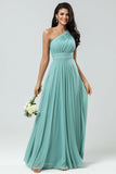 Bedøvelse A Line One Shoulder Sea Glass Long Brudepige Kjole med Ruched