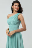 Bedøvelse A Line One Shoulder Sea Glass Long Brudepige Kjole med Ruched