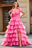 Prinsesse A-Line V-hals Fuchsia tiered gallakjole med slids