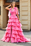 Prinsesse A-Line V-hals Fuchsia tiered gallakjole med slids