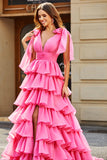 Prinsesse A-Line V-hals Fuchsia tiered gallakjole med slids