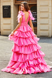 Prinsesse A-Line V-hals Fuchsia tiered gallakjole med slids