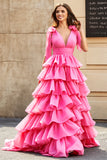 Prinsesse A-Line V-hals Fuchsia tiered gallakjole med slids