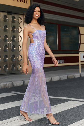 Lilac Sheath Spaghetti Straps Long Prom Dress med tilbehør