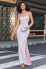 Indlæs billede til gallerivisning Trendy pink skede spaghetti stropper split front prom kjole med tilbehør