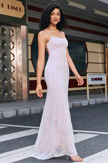 Trendy pink skede spaghetti stropper split front prom kjole med tilbehør