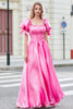 Indlæs billede til gallerivisning Prinsesse A Line Firkantet hals Hot Pink Lang gallakjole med pufærmer