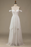 Elfenben Boho Chiffon asymmetrisk brudekjole med blonder
