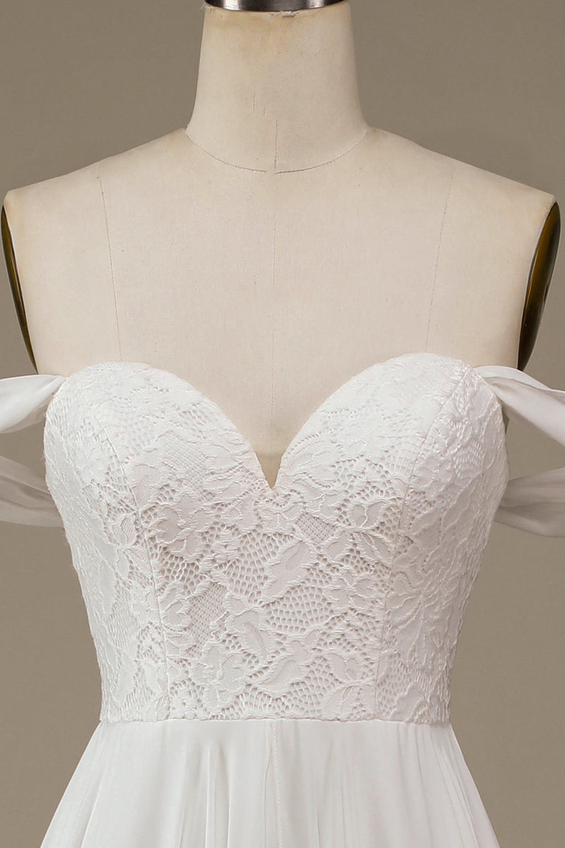 Indlæs billede til gallerivisning Elfenben Boho Chiffon asymmetrisk brudekjole med blonder