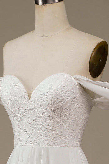 Elfenben Boho Chiffon asymmetrisk brudekjole med blonder