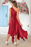 Asymmetrisk One Shoulder Burgundy Tea Længde Brudepige Kjole