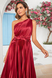 Asymmetrisk One Shoulder Burgundy Tea Længde Brudepige Kjole