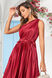 Asymmetrisk One Shoulder Burgundy Tea Længde Brudepige Kjole