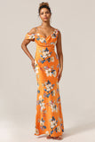 Trendy havfrue One Shoulder trykt orange blomst brudepige kjole