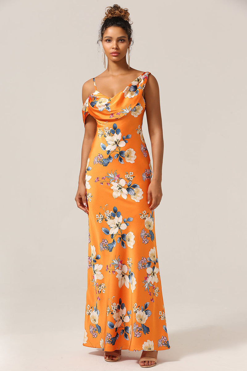 Indlæs billede til gallerivisning Trendy havfrue One Shoulder trykt orange blomst brudepige kjole