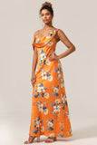 Trendy havfrue One Shoulder trykt orange blomst brudepige kjole