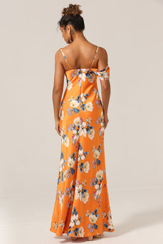 Trendy havfrue One Shoulder trykt orange blomst brudepige kjole