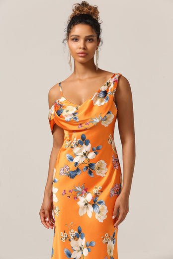 Trendy havfrue One Shoulder trykt orange blomst brudepige kjole