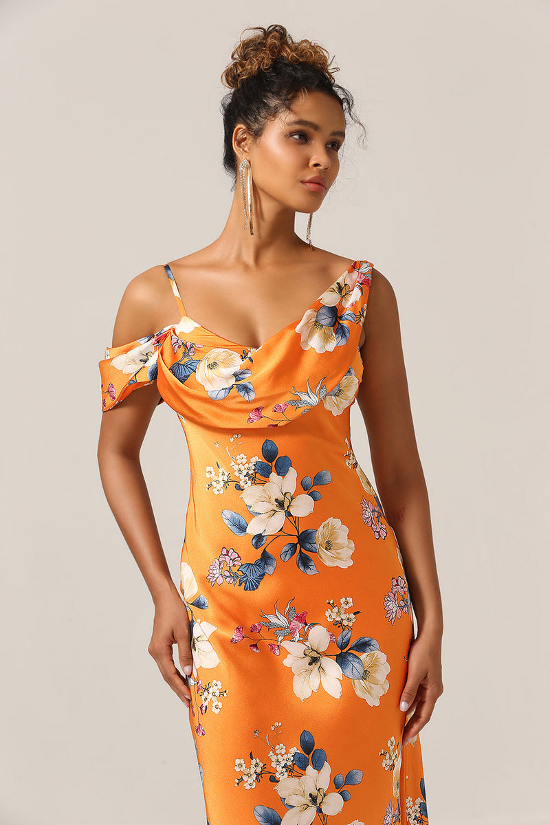 Indlæs billede til gallerivisning Trendy havfrue One Shoulder trykt orange blomst brudepige kjole