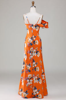 Havfrue trykt orange blomst brudepige kjole