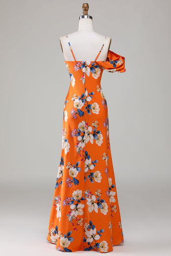 Havfrue trykt orange blomst brudepige kjole