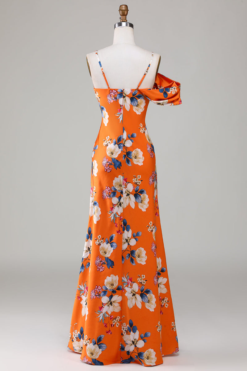 Indlæs billede til gallerivisning Havfrue trykt orange blomst brudepige kjole
