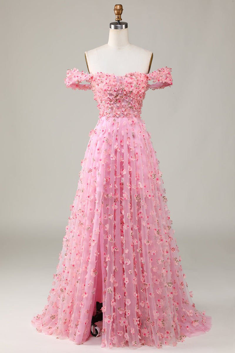 Indlæs billede til gallerivisning A-line Off The Shoulder Pink Long Brudepige Kjole med 3D Blomster