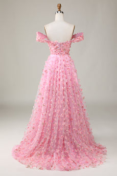 A-line Off The Shoulder Pink Long Brudepige Kjole med 3D Blomster