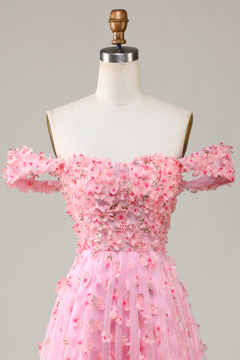 A-line Off The Shoulder Pink Long Brudepige Kjole med 3D Blomster