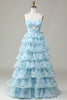 Indlæs billede til gallerivisning Spaghetti stropper skåret ud tiered blå brudepige kjole