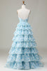 Indlæs billede til gallerivisning Spaghetti stropper skåret ud tiered blå brudepige kjole