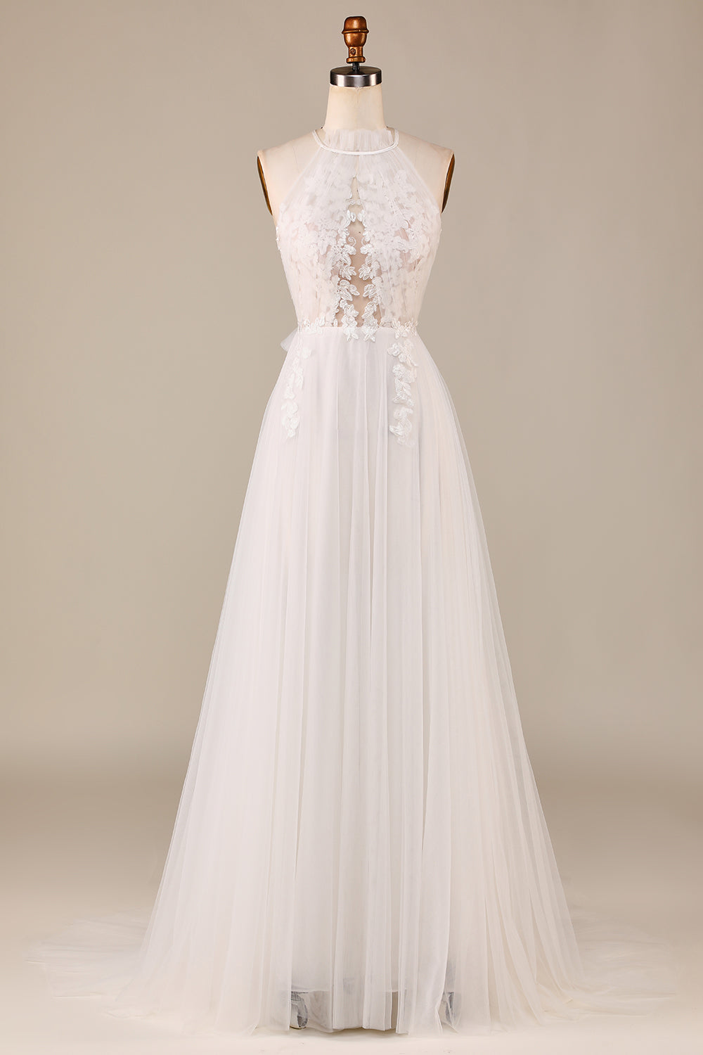 Charmerende A Line Halter Neck Elfenben Åben ryg Tulle Sweep Train Brudekjole med blonder