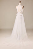 Charmerende A Line Halter Neck Elfenben Åben ryg Tulle Sweep Train Brudekjole med blonder