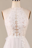 Charmerende A Line Halter Neck Elfenben Åben ryg Tulle Sweep Train Brudekjole med blonder