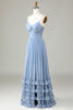 Indlæs billede til gallerivisning Støvet blå printet korset Spaghetti Stropper Lang brudepigekjole med kryds og tværs tilbage