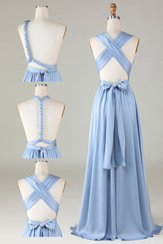 Konvertibel blå satin brudepigekjole med slids