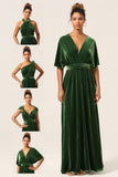 Elegant A Line V hals mørkegrøn covertible slid fløjl lang brudepige kjole