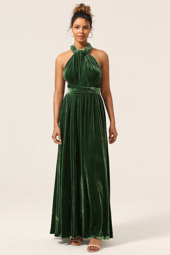 Elegant A Line V hals mørkegrøn covertible slid fløjl lang brudepige kjole