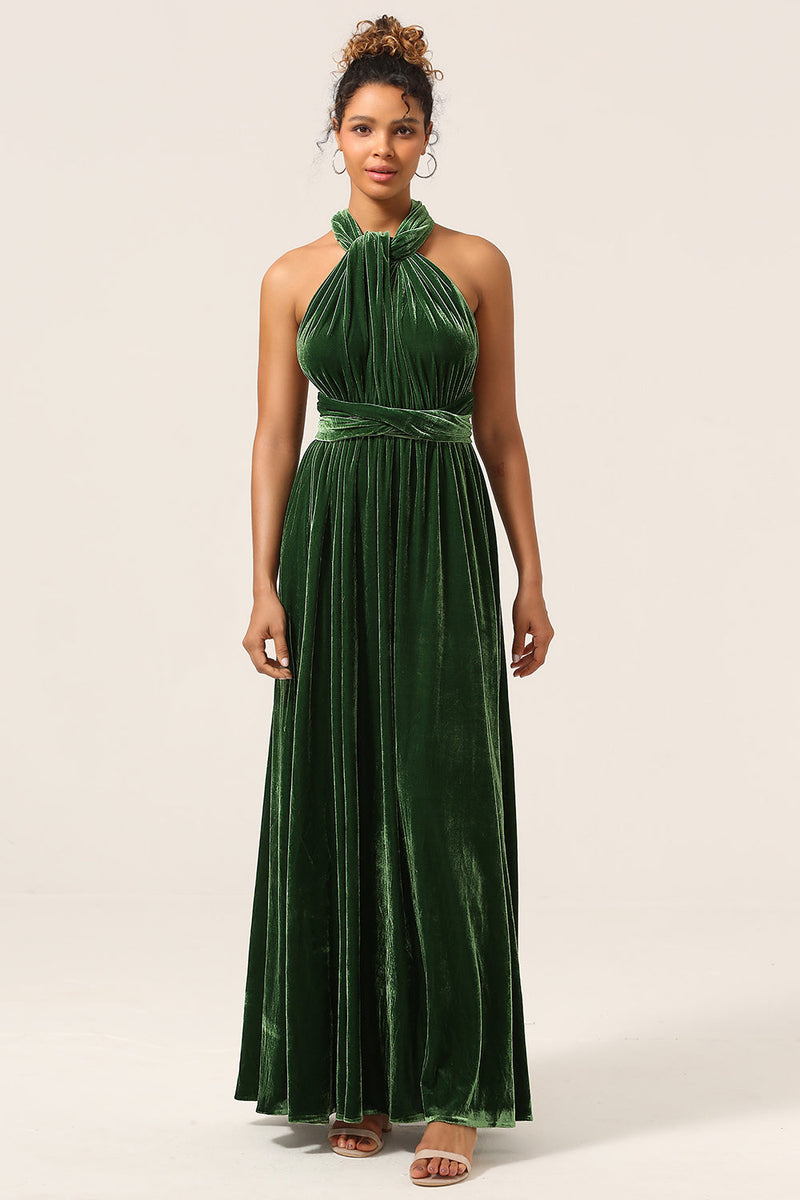 Indlæs billede til gallerivisning Elegant A Line V hals mørkegrøn covertible slid fløjl lang brudepige kjole