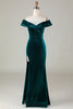 Indlæs billede til gallerivisning Fra skulderen påfugl grøn fløjl havfrue brudepige kjole med slids