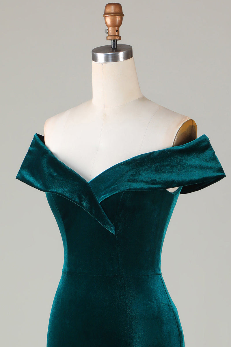 Indlæs billede til gallerivisning Fra skulderen påfugl grøn fløjl havfrue brudepige kjole med slids