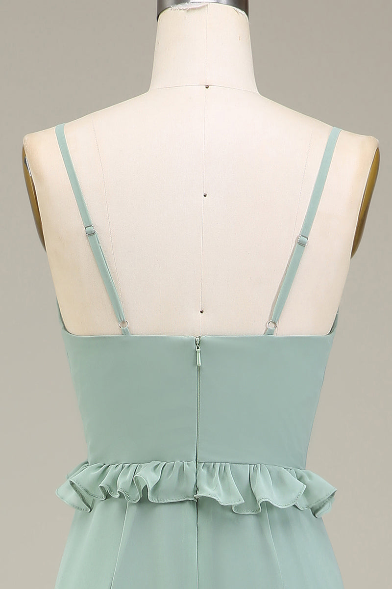 Indlæs billede til gallerivisning Matcha A-Line Chiffon brudepigekjole med V-hals med flæser