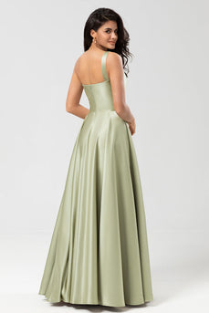 En skulder satin grøn brudepige kjole med lommer