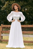 Elfenben Bateau Chiffon Lang Boho brudekjole med blonder