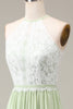 Indlæs billede til gallerivisning Støvet salvie blonder med halterhals og Chiffon A-line gulvlængde brudepigekjole