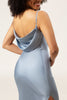 Indlæs billede til gallerivisning Støvet blå spaghetti stropper kappe satin lang brudepige kjole