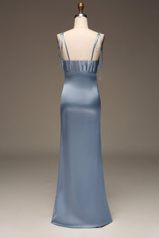 Støvet blå spaghetti stropper kappe satin plisseret brudepige kjole