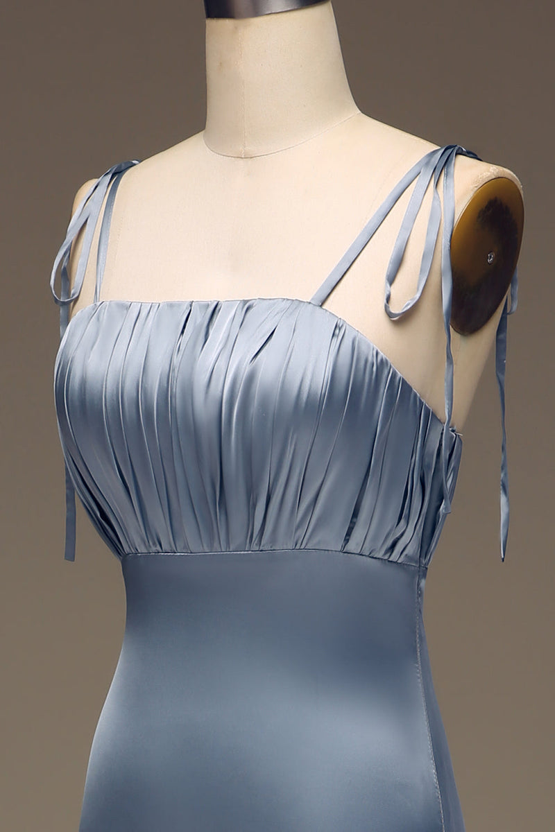 Indlæs billede til gallerivisning Støvet blå spaghetti stropper kappe satin plisseret brudepige kjole
