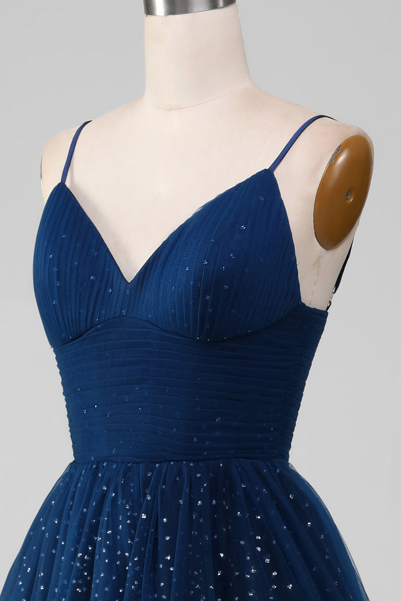 Indlæs billede til gallerivisning Navy Ball-kjole V-hals lange perleformede tyl gallakjoler med plisseret