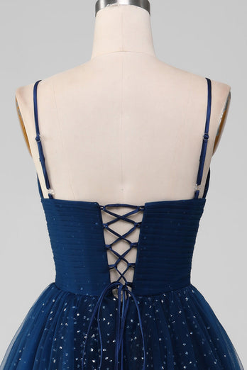 Navy Ball-kjole V-hals lange perleformede tyl gallakjoler med plisseret